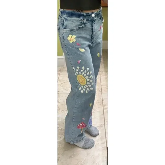 Wild Fable High Rise Dad Jean Artsy painted boho wide leg denim jeans 4 baggy - Picture 4 of 8